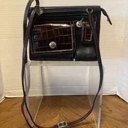 Brighton Vintage Black Brown Leather Crossbody Organizer Purse 7.5" x 5.5" x 3"-$45 CASH