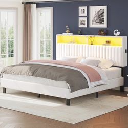 Seventable Queen Size Bed Frame with Charging Station, LED Bed with Velvet Upholstered Storage Headboard, Metal Platform with Under Bed Storage, No Bo