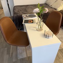 Homy Casa White Console Table + 2 Mid-Century Cognac Leather Chairs – Full Set