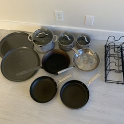 Mixed lot of pots/pans/pizza trays, skillets, & skillet or lid adjustable organizer - Pompano Beach