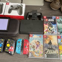 Nintendo Switch OLED Console + 7 Games + 2 New Pro Controllers + Hori Split Pad Pro + Case