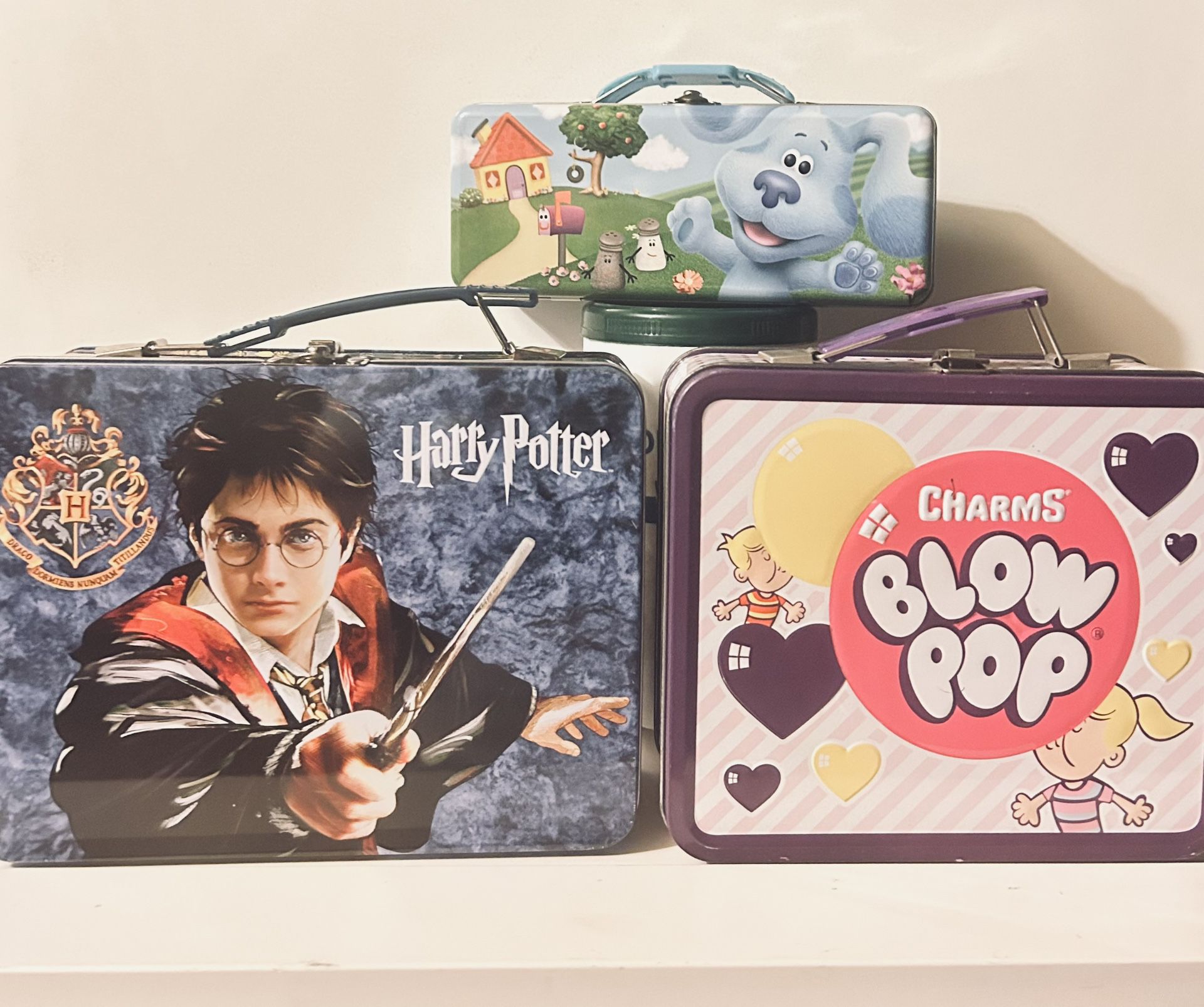 Tin lunch box combo  1. Harry Potter -, 2. Charms Blow POP-,3. Blues Clues-All With c