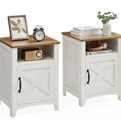 Set of 2 Farmhouse Nightstands w/ Barn Door Cabinet & Open Shelf | White & Wood