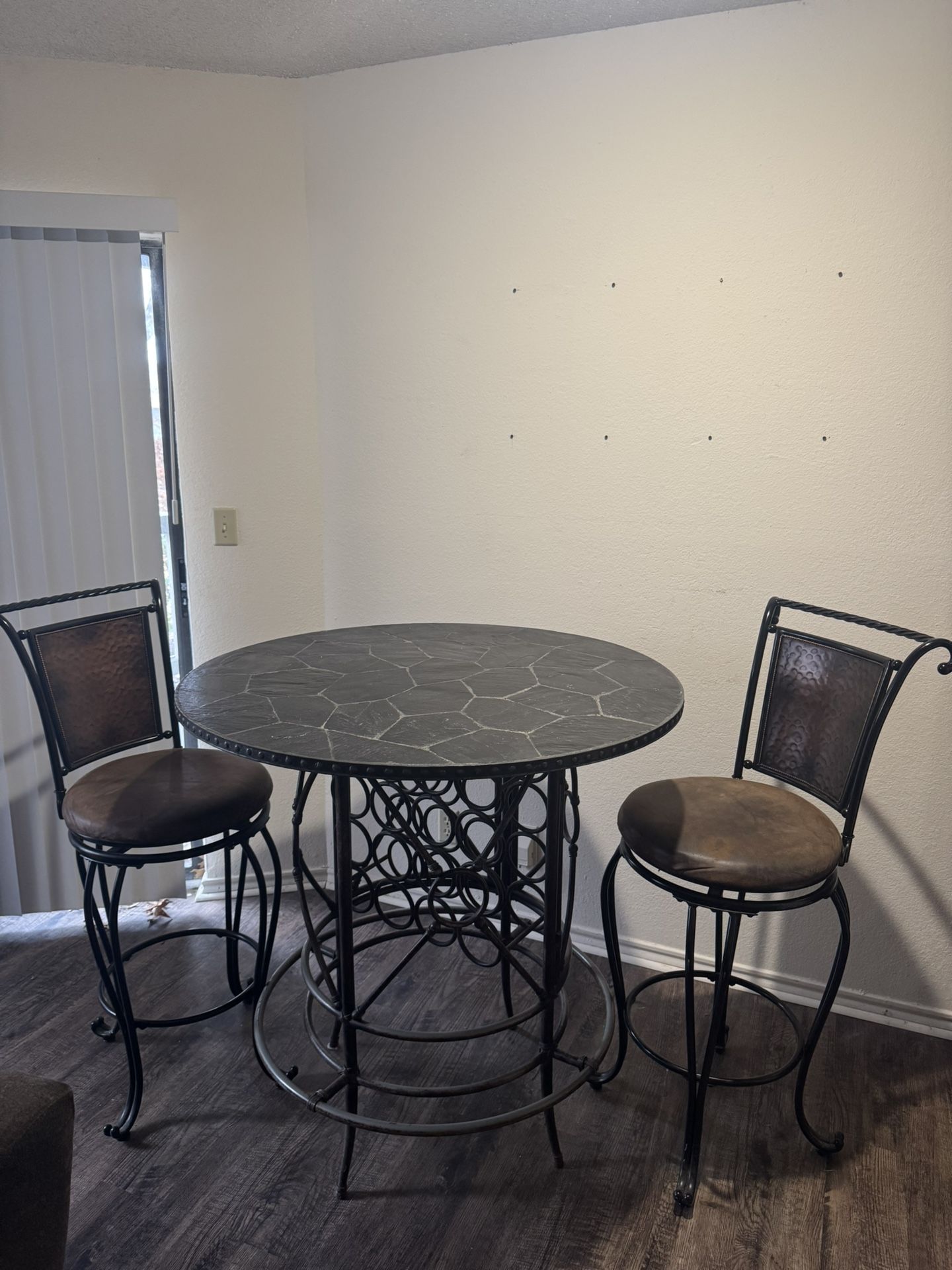 Slate-Top Pub Table Set w/ 2 Swivel Bar Stools – Includes Built-In Wine Storage!