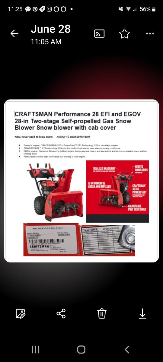 Craftsman snow blower with cab