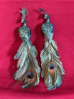 2 Christmas Ornaments Clip-On Peacock Bird  w/ Real  Feathers & Glitter Sequined