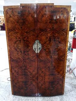 French Art Deco Crotch Mahogany Burled Armoire with Fabulous Hardware
