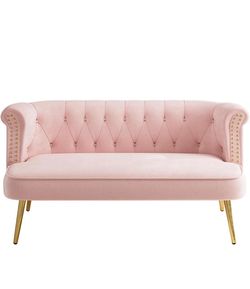 Pink Velvet Loveseat Sofa w/ Gold Legs – Excellent Condition