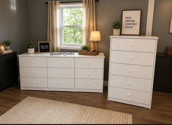 White 9 drawer dresser with matching chest