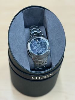 CITIZEN ECO-DRIVE CHRONOGRAPH BLACK DIAL STAINLESS STEEL WATCH H500-S063418 USED W/ BOX