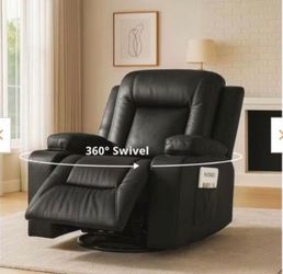 Black Leather 360° Swivel Recliner Chair theater chair rock and recliner with electric remote massage and heater swivel rocking recliner ☑️🆕🚎🚛