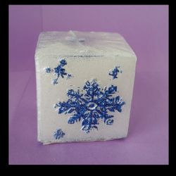 White Unscented Pillar Candle With Blue Glitter Snowflakes