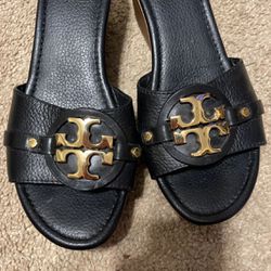 Womens Tory Burch Black Leather Wedge Sandals 