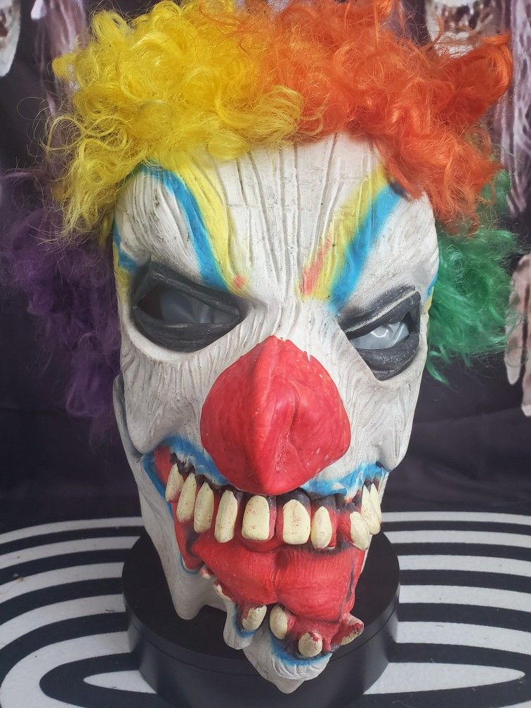 Scary Circus Clown Full Halloween Mask With Sewn Wig Carnival Latex Bozo Used