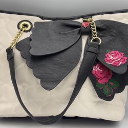 Betsey Johnson Cream Black Tote 16” Quilted Hearts Large Shoulder Bag Bow Tie