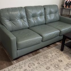 Ashley Living Room Aqua Leather Sofa And Two Chairs , One Rustic Bar Unit And One Sofa Table In Hand Painted Color 