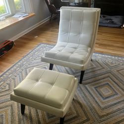 Modern White Leather Chair With Footstool