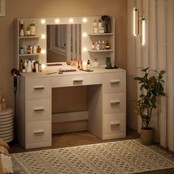 New Large Vanity Desk with LED Lighted Mirror & Power Outlet,Makeup Vanity Table with 7 Drawers,4 Shelves and 5 Hooks, Vanity Table, Vanity Desk Set f
