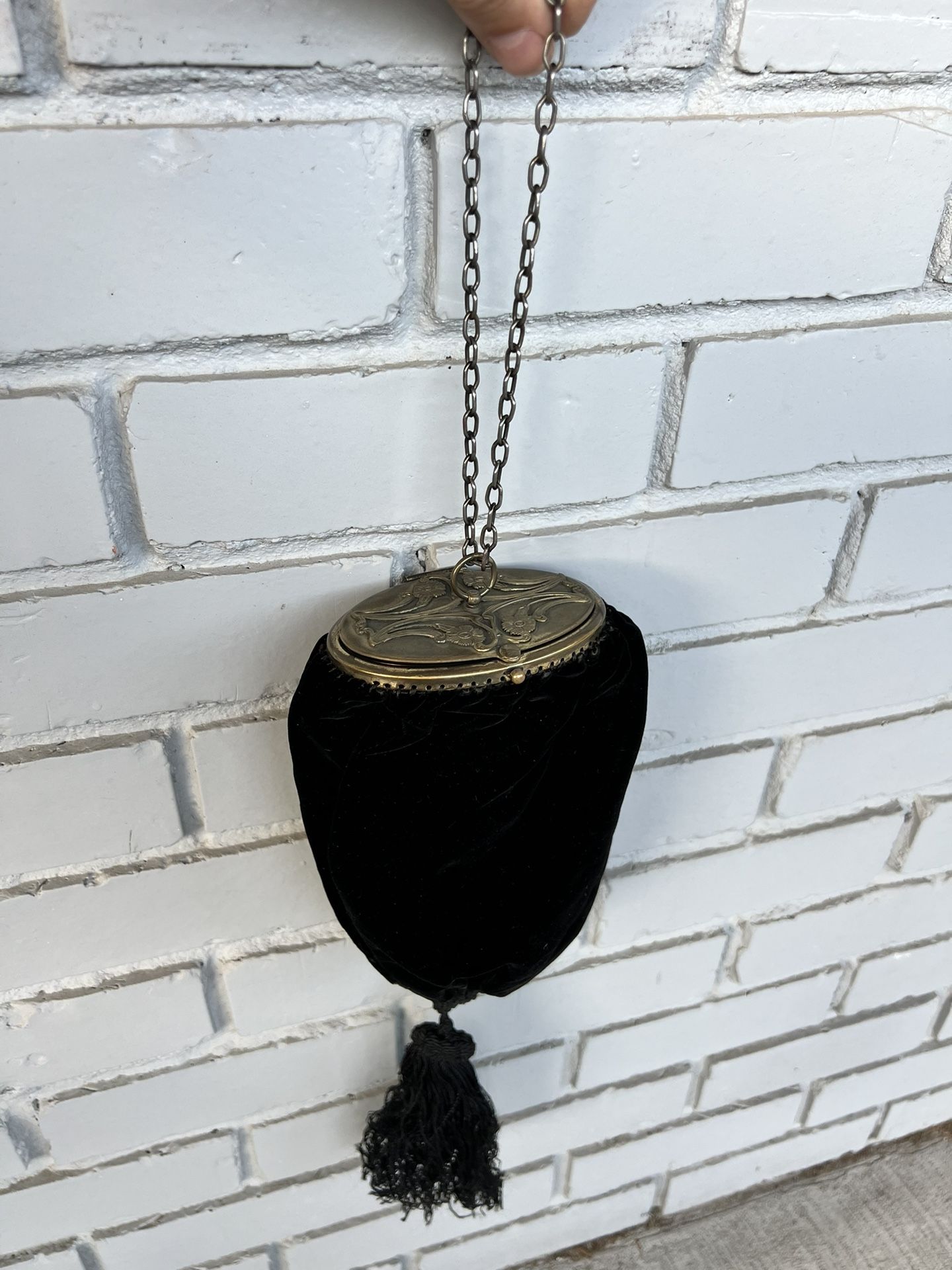 Antique Late 19th Century Velvet Purse with Brass Lid & Mirror | Victorian Reticule Chatelaine Bag