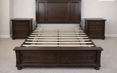 Queen Dark Wood Bed Frame with 2 Nightstands