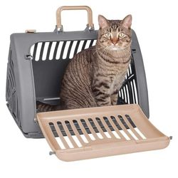 SportPet Designs Foldable Travel Cat Carrier - Front Door Plastic Collapsible Carrier, Gray and Tan, Medium (Pack of 1)