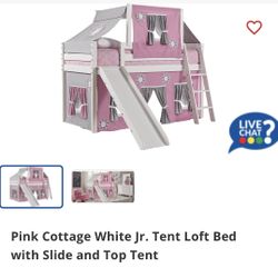 Girls Pink Cottage White Jr. Tent Loft Bed with Slide and Top Tent