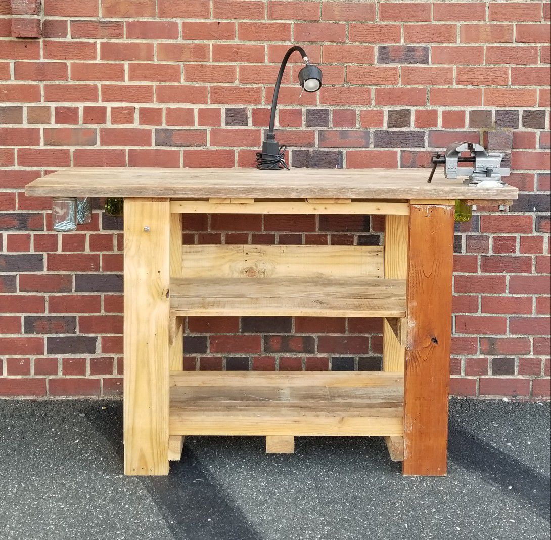 REDUCED! Work bench, reclaimed wood, handmade, wood work, swivel vise, table lamp