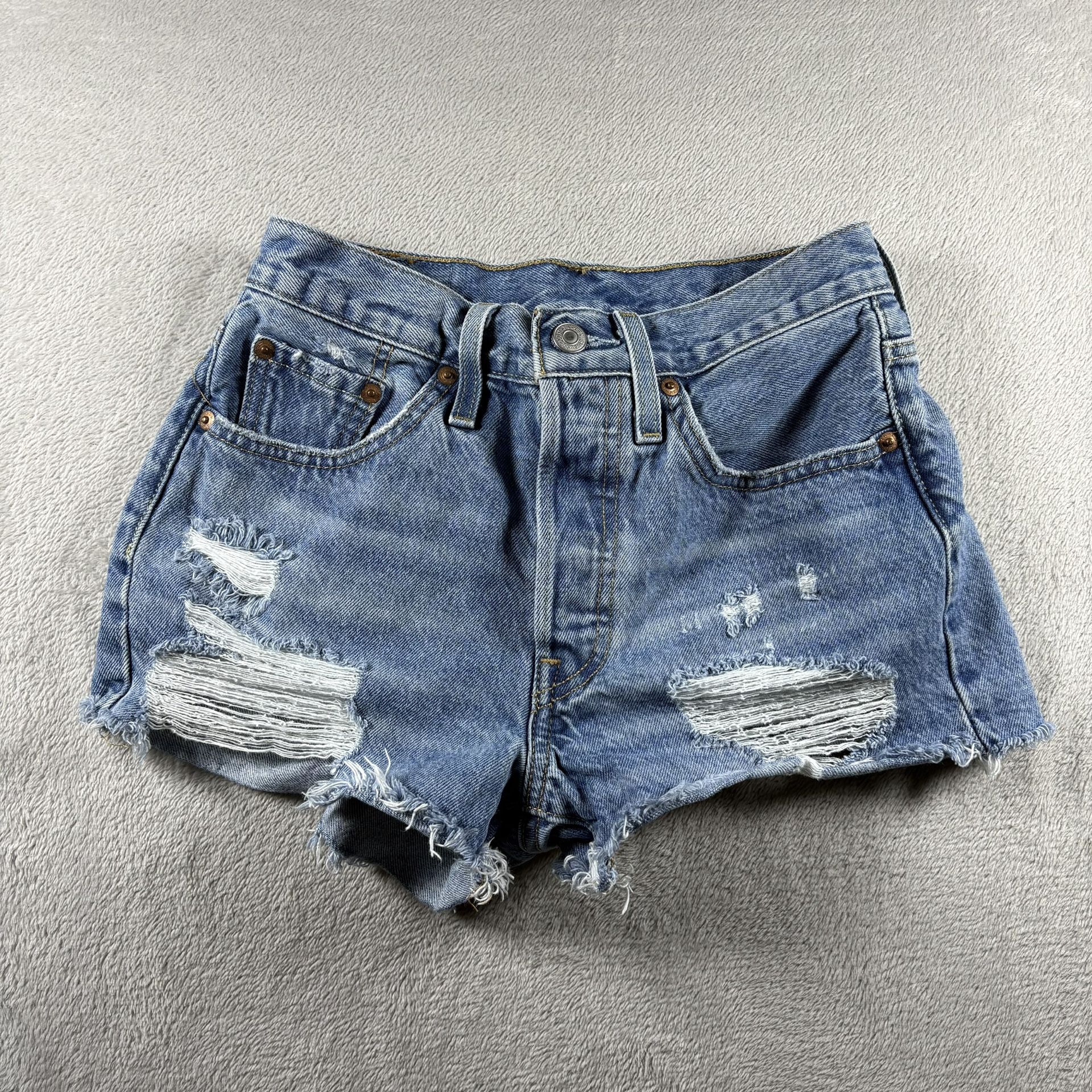 Levi's 501 Shorts Women’s Size 24 Blue Denim Cut-Off Distressed Fringe #658