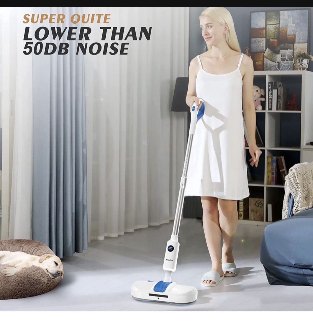 Electric Mop, Cordless Spin Mop for Floor Cleaning, AlfaBot S1 Cordless Mop with Water Sprayer and LED Headlight, Super Quite & Rechargeable Floor Scr