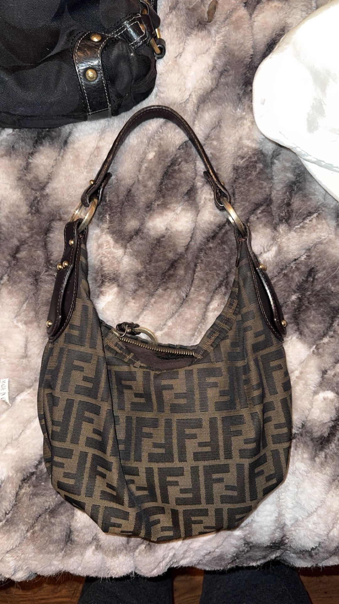 Fendi Zucca Brown Hobo Shoulder Bag Gold Hardware Zip Inner Pockets Designer