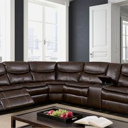 Brand New Brown Breathable Leatherette Plush Reclining Sectional Sofa Built-in Cup Holders & Console