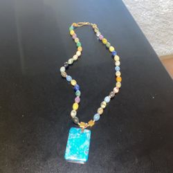Boutique Multi Stone Necklace With Large Turquoise Pendant 21 Inches 