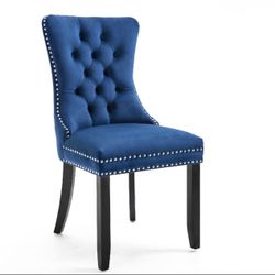 High Back Velvet Navy Tufted Upholstered Dining Chairs, Solid Wood - Nail Trim, Ring