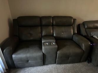 Gray Leather Reclining Loveseat with Console