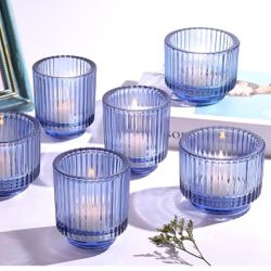 6pcs Assorted Blue Votive Candle Holder for Wedding Centerpieces, Vintage Ribbed Tealight Candle Holder for Room Decor, Large Glass Candle Holder for 