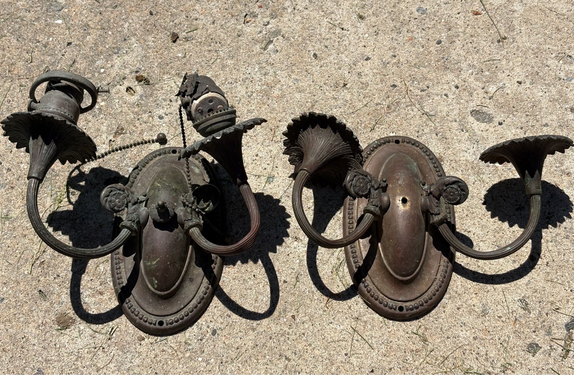 Pair of Antique Art Deco Brass Wall Sconces Original Wiring Will Need Work