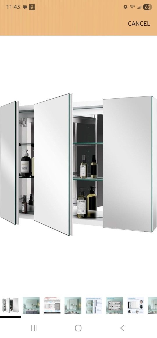 Quavikey Medicine Cabinet with Mirror, Bathroom 3 Doors Recessed or Surface Mount Aluminum Large Mirrored Cabinets 36x26 Inch, Silver