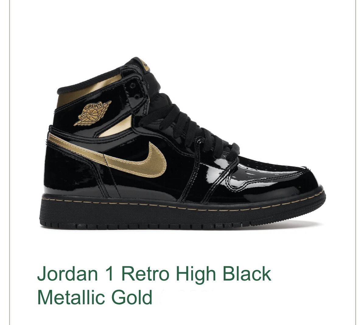 Brand/Model: Jordan 1 Retro High; Color: Black Metallic Gold; Size: US 6.5Y; Condition: New