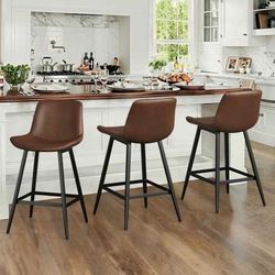 Set of 3 Modern Faux Leather 24 Inch,Counter Height Bar Stools for Home Kitchen, Dark Brown