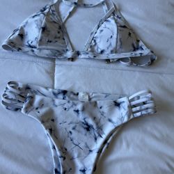 White Marble Tie-Dye Padded Triangle Bikini Set – Strappy High Cut Bottoms (S)