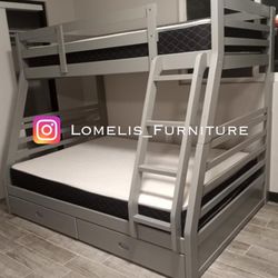 Twin/Full Gray Bunk bed w. Drawers & Ortho Mattresses Included 