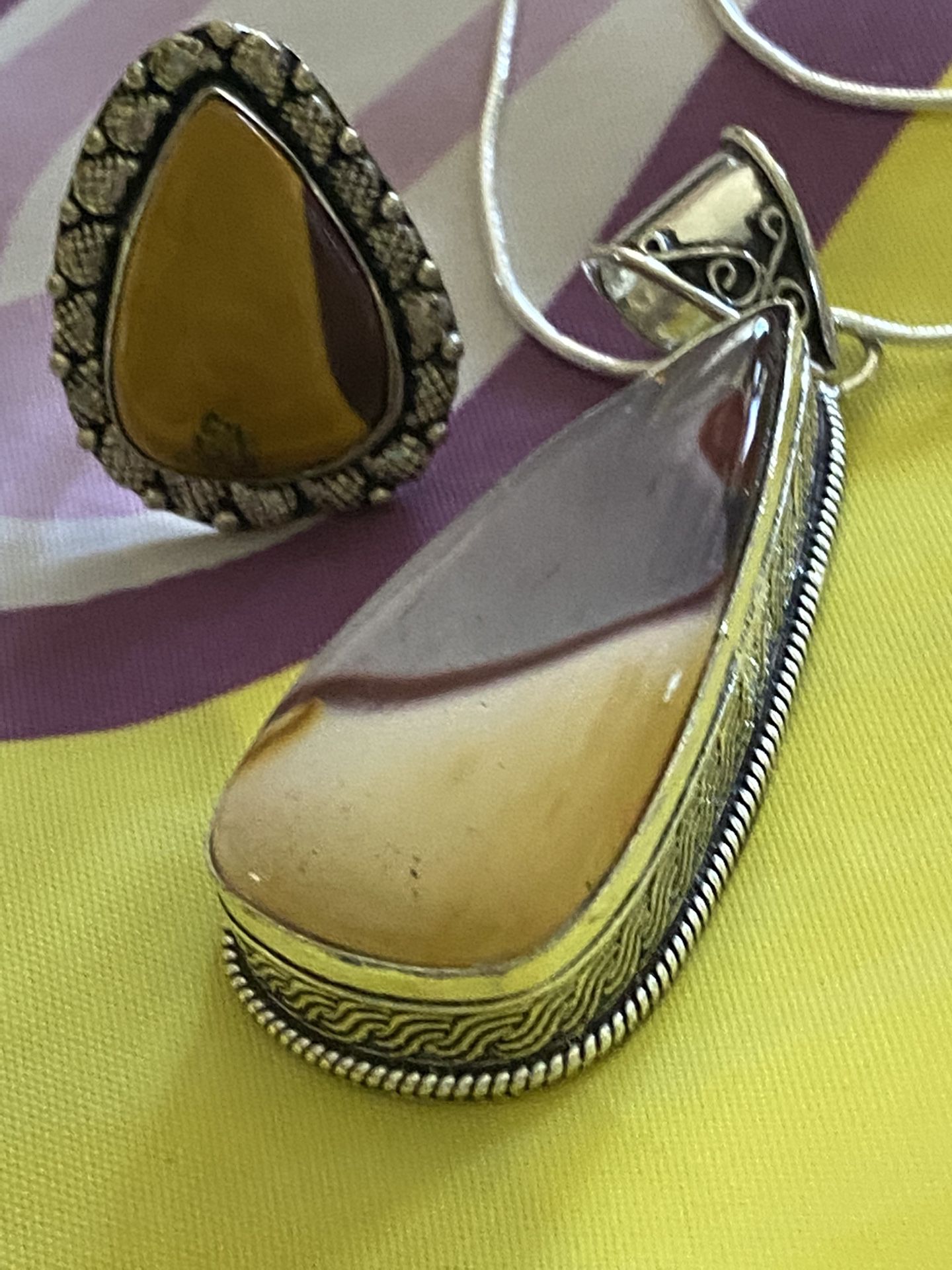Stunning Pendant chain Ring size 7 Sterling Silver Handmade Picture Jasper Set