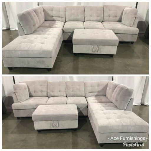 Brand New Grey Chenille Fabric Sectional With Storage Ottoman 