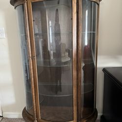 Antique Tiger Oak Curved Glass China Cabinet