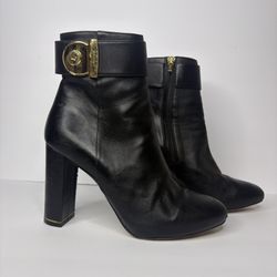 Ferragamo Fiamma Leather Booties size 8.5  SALVATORE FERRAGAMO Made in Italy Size: 8.5 Euro Size: 38.5 almond toe black leather boots block heel gold 