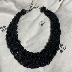Black Beaded And Braided Necklace 