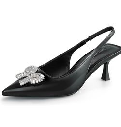 SHOBOO Women’s Black Slingback Pointed Toe Rhinestone Bow Heels US 7,5/8.5
