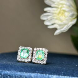 Natural Colombian Emerald & Diamond Earrings – 18K Solid Gold 