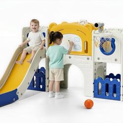 10-in-1 Large Toddler Slide Set, Kids Slide Climber Playset with Drawing Board, Basketball Hoop, Sturdy Baby Playground, Indoor Outdoor Pla