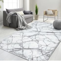 Ultra-Soft Cobalt Gold, Beige and White Shaggy Rug with Elegant Marble Pattern